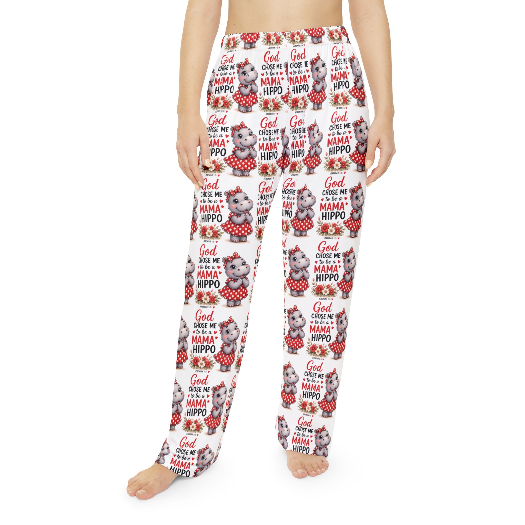 God Chose Me to be a Mama Hippo Pattern Pajama Pants | Cute Hippo Print Sleepwear | Mother's Day Gift | Hippo Lovers - Image 3
