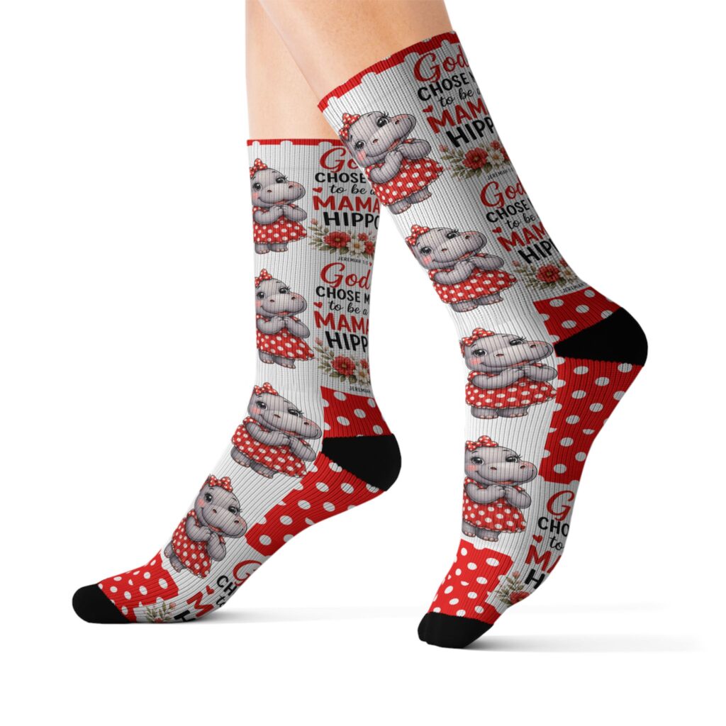 God Made Me to be a Mama Hippo Pattern Socks | Cute Cartoon Hippo Polka Dot Socks