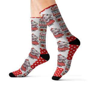 God Made Me to be a Mama Hippo Pattern Socks | Cute Cartoon Hippo Polka Dot Socks