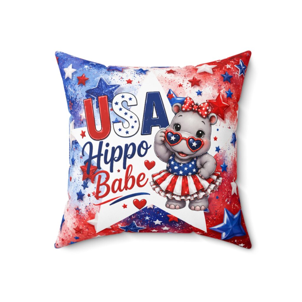 USA Hippo Babe Pillow | Patriotic Fourth of July Stars Red White Blue, hippopotamus lovers
