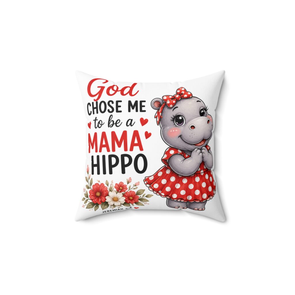 God Chose Me to Be a Mama Hippo, Mama Hippo Illustration Pillow | Cute Hippo Mom, Polka Dot Dress, Floral Accent