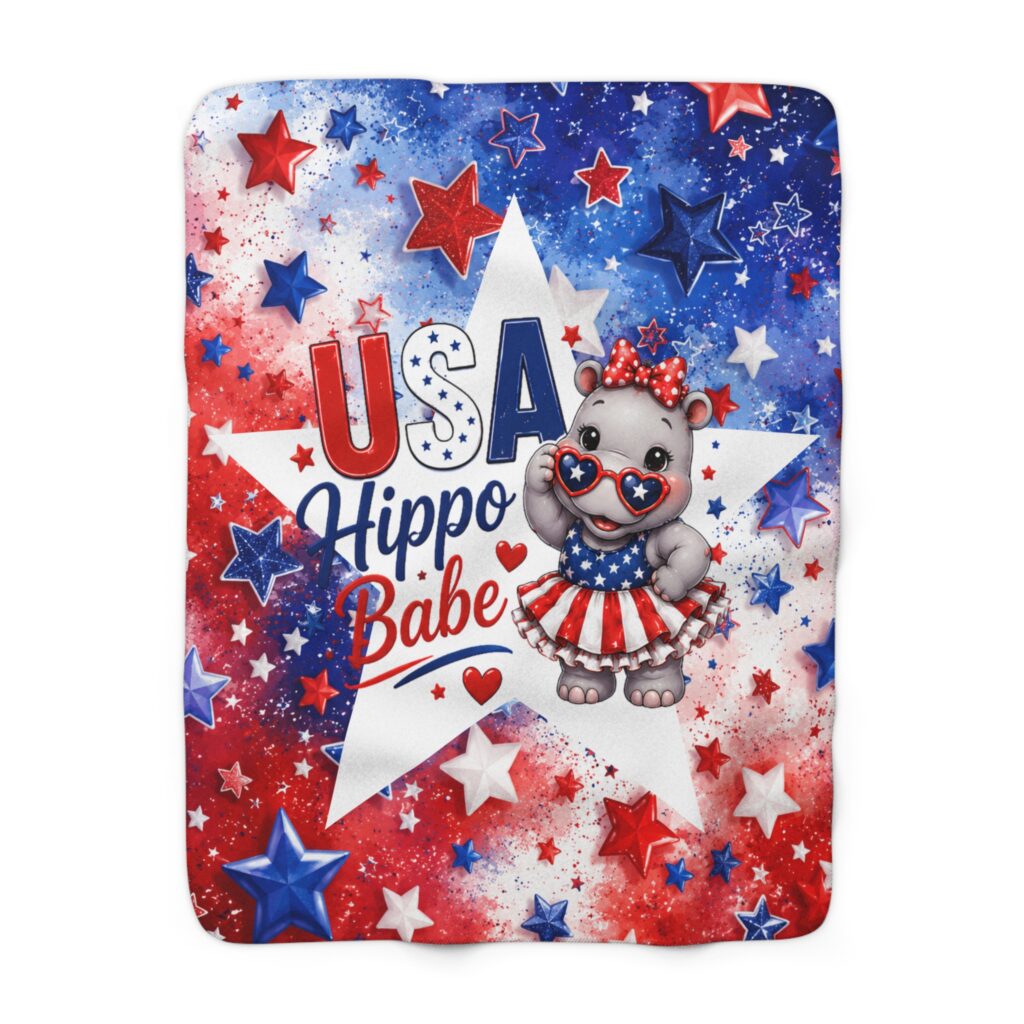 USA Hippo Babe Sherpa Blanket | Patriotic 4th of July Stars Design, Hippopotamus Lovers